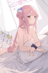 Rule 34 | 1girl, absurdres, angel wings, bed sheet, bedroom, black scrunchie, blue archive, breasts, cleavage, closed mouth, collarbone, commentary, crescent, feathered wings, flower, frilled ribbon, frills, hair bun, hair flower, hair ornament, hair ribbon, halo, highres, long hair, looking at viewer, low wings, lying, medium breasts, mika (blue archive), nude, on stomach, pillow, pink hair, pink halo, purple flower, ribbon, scrunchie, single side bun, solo, white ribbon, white wings, wing ornament, wings, wrist scrunchie, yellow eyes, yuku~