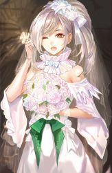 Rule 34 | 1girl, absurdres, bare shoulders, bouquet, dress, dungeon and fighter, eyebrows hidden by hair, flower, grey hair, hair ornament, highres, holding, holding bouquet, holding flower, long hair, looking at viewer, one eye closed, open mouth, ponytail, qianzhu, ribbon, scarf, seria kirmin, sleeveless, sleeveless dress, smile, solo, veil
