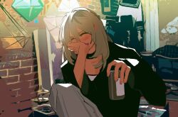Rule 34 | 1girl, beer can, black choker, black shirt, blush, brick wall, can, choker, closed eyes, commentary, drink can, girls band cry, grey pants, hashtag-only commentary, holding, holding can, indoors, kawaragi momoka, laughing, light brown hair, long hair, multicolored hair, open mouth, pants, roots (hair), shirt, sitting, smile, solo, teote