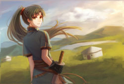 Rule 34 | 1girl, black gloves, day, earrings, fire emblem, fire emblem: the blazing blade, gloves, green eyes, green hair, highres, holding, holding sword, holding weapon, jewelry, liangxieyue, long hair, looking at viewer, looking back, lyn (fire emblem), matching hair/eyes, nintendo, outdoors, ponytail, solo, sword, very long hair, weapon