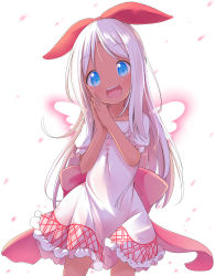 Rule 34 | 1girl, :d, angel wings, blonde hair, blue eyes, blush, bow, child, collarbone, cowboy shot, dark-skinned female, dark skin, dress, female focus, frilled skirt, frills, hair bow, hair ornament, hair ribbon, hairclip, hands up, happy, highres, legs apart, long hair, looking at viewer, makuran, open mouth, original, own hands together, petals, puffy short sleeves, puffy sleeves, revision, ribbon, see-through, see-through silhouette, short dress, short sleeves, simple background, skirt, smile, solo, tan, teeth, very long hair, white background, white dress, white hair, wings