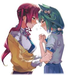 Rule 34 | 2girls, absurdres, alternate costume, animal ears, aqua nails, black ribbon, blush, breath, cat ears, eredhen, female focus, fingernails, forehead-to-forehead, from side, green nails, hand on another&#039;s arm, heads together, heavy breathing, highres, hololive, houshou marine, multiple girls, nail polish, open mouth, profile, red hair, ribbon, steam, teeth, upper teeth only, uruha rushia, virtual youtuber, yuri