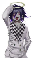 Rule 34 | 1boy, arm up, black hair, blue hair, broken halo, buttons, checkered clothes, checkered scarf, collarbone, cowboy shot, danganronpa (series), danganronpa v3: killing harmony, double-breasted, grey jacket, grey pants, halo, hand in pocket, highres, jacket, joh pierrot, long sleeves, looking at viewer, male focus, open mouth, oma kokichi, pants, red eyes, scarf, short hair, signature, solo, teeth, tongue, tongue out, upper teeth only