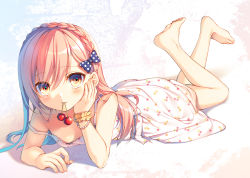 Rule 34 | 1girl, barefoot, blush, bow, braid, breasts, cherry, cherry print, collarbone, crown braid, food, food print, fruit, full body, hair bow, hand on own cheek, hand on own face, legs up, long hair, looking at viewer, lying, mouth hold, no bra, on stomach, original, pink hair, polka dot, polka dot bow, simple background, single braid, small breasts, solo, strap slip, the pose, toosaka asagi, yellow eyes