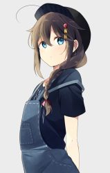 Rule 34 | 1girl, ahoge, alternate costume, arms behind back, baseball cap, black hair, black hat, black shirt, blue eyes, braid, closed mouth, cowboy shot, from side, grey background, hair between eyes, hair flaps, hair ornament, hair over shoulder, hair ribbon, hairpin, hat, kantai collection, long hair, looking at viewer, looking to the side, overalls, red ribbon, ribbon, shigure (kancolle), shigure kai ni (kancolle), shirt, short sleeves, simple background, single braid, solo, standing, tareme, twitter username, upper body, yukichi (eikichi)