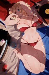 Rule 34 | 1girl, bare legs, barefoot, bikini, blonde hair, blue eyes, blush, breasts, can, clock, closed mouth, commission, dappled sunlight, digital media player, drink can, florida-chan (ryusei hashida), hands up, highres, ipod, large breasts, looking at viewer, lying, multi-strapped bikini, navel, on back, original, pixiv commission, record, ryusei hashida, soda can, soles, solo, sunlight, sweat, swimsuit, toes