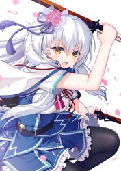 Rule 34 | 1girl, arm up, black pantyhose, blue sky, bustier, cape, commission, dual wielding, feet out of frame, frilled skirt, frills, grey hair, hair between eyes, highres, holding, holding sword, holding weapon, kizuna kirameku koi iroha, long hair, looking at viewer, open mouth, pantyhose, petals, pixiv commission, sacraneco, shirt, short sleeves, simple background, skirt, sky, solo, suzakuin tsubaki, sword, v-shaped eyebrows, very long hair, weapon, white background, white cape, white shirt, yellow eyes