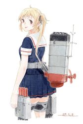 Rule 34 | 1girl, :p, blonde hair, blue skirt, commentary request, cowboy shot, dated, from behind, grey ribbon, hair ribbon, horikou, kantai collection, looking at viewer, looking back, machinery, murasame (kancolle), pleated skirt, red eyes, ribbon, rigging, sailor collar, school uniform, serafuku, short sleeves, signature, simple background, skirt, smile, solo, tongue, tongue out, torpedo, twintails, white background, white sailor collar