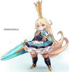 Rule 34 | 1girl, armor, blonde hair, charlotta (granblue fantasy), commentary request, crown, full body, gradient background, granblue fantasy, harvin, highres, holding, holding sword, holding weapon, karukan (monjya), long hair, solo, sword, weapon, white background