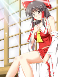 Rule 34 | 1girl, bare shoulders, black hair, blush, bow, breasts, brown eyes, brown hair, campbell (pixiv), campbell gichou, detached sleeves, female focus, hair bow, hakurei reimu, highres, japanese clothes, long hair, miko, navel, sad, sitting, solo, sweat, thighs, touhou