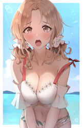 Rule 34 | 1girl, :o, absurdres, arm garter, bikini, blush, breasts, cleavage, collarbone, gawawawa, hair ornament, hair scrunchie, highres, ichikawa hinana, idolmaster, idolmaster shiny colors, large breasts, light brown hair, looking at viewer, navel, outdoors, parted bangs, scrunchie, short twintails, solo, swimsuit, teeth, twintails, upper teeth only, white bikini