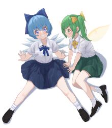 Rule 34 | 2girls, absurdres, alternate costume, black footwear, blue bow, blue eyes, blue hair, blue skirt, blush, bow, cirno, closed mouth, collared shirt, commentary request, daiyousei, esthoric, fairy, fairy wings, full body, green eyes, green hair, green skirt, grin, hair bow, highres, ice, ice wings, long hair, multiple girls, pleated skirt, shirt, shoes, short hair, short sleeves, side ponytail, skirt, smile, socks, touhou, white shirt, white socks, wings