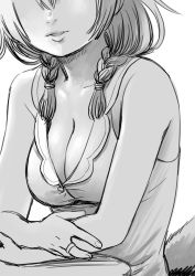 Rule 34 | 1girl, absurdres, braid, breasts, cleavage, facing viewer, greyscale, head out of frame, highres, hololive, inugami korone, inugami korone (1st costume), jewelry, large breasts, long hair, monochrome, parted lips, ring, sabaku chitai, shirt, simple background, solo, twin braids, virtual youtuber, white background