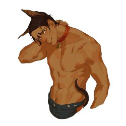 Rule 34 | 1boy, animal collar, animal ears, arm behind head, black eyes, black pants, brown hair, chengongzi123, collar, cropped torso, dark-skinned male, dark skin, dog boy, dog ears, dog tail, golden kamuy, grin, groin, highres, kemonomimi mode, koito otonoshin, looking at viewer, male focus, pants, red collar, scar, scar on chest, short hair, simple background, smile, solo, tail, topless male, upper body, white background