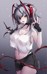 Rule 34 | absurdres, alternate costume, antenna hair, arknights, bare arms, bare shoulders, bikini, black bikini, black choker, black gloves, black hair, black shorts, breasts, choker, cleavage, collarbone, cowboy shot, crop top, demon girl, demon horns, demon tail, detonator, fingerless gloves, gloves, gradient background, gradient hair, grey background, grey hair, highres, holding, horns, large breasts, long hair, looking at viewer, multicolored hair, navel, open fly, open mouth, orange eyes, qinshi-ji, red hair, shirt, short shorts, shorts, stomach, sweat, swimsuit, tail, tank top, w (arknights), white shirt