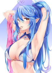 Rule 34 | 1girl, ahoge, armpits, arms behind head, arms up, bad id, bad twitter id, bare arms, bare shoulders, bikini, blue hair, breasts, cleavage, hair tie in mouth, heart, heart ahoge, highres, hololive, irohara, large breasts, long hair, looking at viewer, mouth hold, pointy ears, ponytail, sidelocks, solo, swimsuit, upper body, virtual youtuber, white bikini, yellow eyes, yukihana lamy