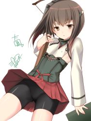 Rule 34 | 10s, 1girl, armor, azuma yuki, bad id, bad pixiv id, bike shorts, bike shorts under skirt, blush, bow (weapon), brown eyes, brown hair, character name, clip (weapon), covered erect nipples, crossbow, flat chest, headband, headgear, kantai collection, magazine (weapon), nipples, open mouth, pantylines, personification, pleated skirt, short hair, shorts, shorts under skirt, skirt, solo, taihou (kancolle), translation request, weapon