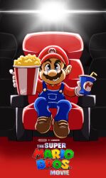 Rule 34 | 1boy, absurdres, blue eyes, brown hair, chair, drink, facial hair, food, full body, gloves, grin, hat, highres, holding, indoors, light, looking at viewer, mario, mario (series), movie theater, mustache, nintendo, overalls, popcorn, sitting, smile, straw, the super mario bros. movie, title