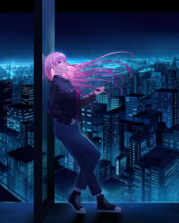 Rule 34 | 1girl, black footwear, black jacket, blue pants, blue theme, breast pocket, building, cable, casual, cityscape, denim, digital media player, earphones, floating hair, from side, full body, hand in pocket, highres, holding, hololive, hololive english, indoors, jacket, jeans, long hair, long sleeves, looking away, looking up, mori calliope, night, night sky, official alternate costume, open clothes, open jacket, pants, parted lips, pink eyes, pink hair, pocket, red shirt, reflection, shirt, shoes, sky, skymax, skyscraper, sneakers, solo, standing, unbuttoned, virtual youtuber, wind, window