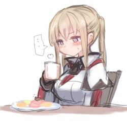Rule 34 | ..., 2girls, blonde hair, blush, capelet, cup, fairy (kancolle), food, graf zeppelin (kancolle), hair between eyes, heart, holding, holding cup, kantai collection, long hair, long sleeves, macaron, multiple girls, purple eyes, sidelocks, simple background, sitting, sketch, spoken ellipsis, twintails, utopia, white background, white capelet