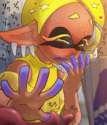 Rule 34 | 2girls, bare shoulders, blonde hair, blush, colored skin, commentary request, dark-skinned female, dark skin, earrings, embarrassed, female pov, folding fan, frye (splatoon), hand fan, hand to own mouth, heart, holding, holding fan, ikachangenema, inkling, jewelry, long tongue, looking at viewer, motion lines, multicolored skin, multiple earrings, multiple girls, nintendo, octoling, open mouth, outstretched arm, pointy ears, pov, purple skin, shirt, shiver (splatoon), sound effects, splatoon (series), sweat, tentacle hair, tongue, tongue out, upper body, yellow eyes, yellow shirt, yuri
