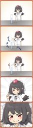 Rule 34 | 5koma, absurdres, bird wings, black hair, black ribbon, black wings, collared shirt, comic, dropping, hat, highres, kanpa (campagne 9), nut (food), pointy ears, pom pom (clothes), red eyes, ribbon, science, scientifically accurate, shameimaru aya, shirt, short hair, silent comic, simple background, smile, smug, tengu, tokin hat, touhou, water, white shirt, wings, zooming in