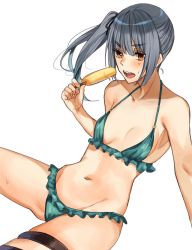 Rule 34 | 1girl, adapted costume, aged up, bad id, bad twitter id, bikini, breasts, brown eyes, collarbone, commentary request, cowboy shot, food, frilled bikini, frills, green bikini, grey hair, groin, highres, inusaka, invisible chair, kantai collection, kasumi (kancolle), long hair, navel, open mouth, popsicle, round teeth, side ponytail, simple background, sitting, small breasts, solo, swimsuit, teeth, upper teeth only, white background