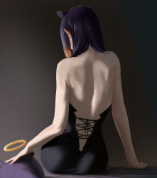 Rule 34 | 1girl, back, back focus, backless dress, backless outfit, cross-laced clothes, dress, from behind, gradient hair, halo, highres, hololive, hololive english, multicolored hair, ninomae ina&#039;nis, ninomae ina&#039;nis (1st costume), orange hair, purple hair, sitting, takodachi (ninomae ina&#039;nis), tama (tamago), tentacle hair, virtual youtuber