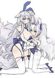 2girls animal_ears azur_lane blue_eyes blue_footwear blue_leotard blue_ribbon breasts closed_mouth fake_animal_ears fake_tail fox_ears fox_girl fox_tail groin hair_ribbon highres hug huge_breasts kneeling laffey_(azur_lane) laffey_ii_(azur_lane) laffey_ii_(sleepy_on_a_busy_day)_(azur_lane) leotard long_hair looking_at_viewer multiple_girls np25np official_alternate_costume pantyhose playboy_bunny rabbit_ears rabbit_tail red_eyes ribbon shinano_(azur_lane) shinano_(visions_of_fantasy)_(azur_lane) simple_background small_breasts tail thighhighs twintails very_long_hair white_background white_hair white_pantyhose white_thighhighs