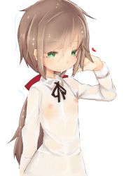 Rule 34 | 1girl, brown hair, female focus, flat chest, green eyes, low ponytail, nipples, ponytail, see-through, simple background, smile, solo, teranekosu, wet, wet clothes, white background