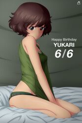 Rule 34 | 1girl, acrux, akiyama yukari, birthday, blush, breasts, brown eyes, brown hair, camouflage, camouflage panties, closed mouth, girls und panzer, green shirt, happy birthday, highres, kneeling, looking at viewer, looking to the side, panties, shirt, short hair, small breasts, solo, tent, tent interior, underwear