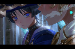 Rule 34 | 2boys, 4the2ofus, absurdres, aether (genshin impact), black shirt, blue eyes, blue hair, blush, choker, closed mouth, commentary request, dark blue hair, earrings, expressionless, eyeliner, genshin impact, hat, highres, jacket, japanese clothes, jewelry, letterboxed, looking at another, male focus, multiple boys, red eyeliner, scaramouche (genshin impact), scarf, shirt, short hair, wanderer (genshin impact), white jacket, white scarf