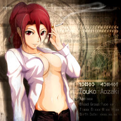 Rule 34 | 1girl, absurdres, aozaki touko, breasts, cigarette, dress shirt, earrings, english text, fe (12141978), highres, jewelry, kara no kyoukai, long hair, looking at viewer, magic circle, navel, open clothes, open shirt, ponytail, red eyes, red hair, runes, shirt, solo, unzipped
