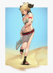 Rule 34 | 1girl, absurdres, arknights, arm strap, bandages, bandeau, bare arms, bare shoulders, bikini, black footwear, blonde hair, blue sky, breasts, chest sarashi, cleavage, commentary, day, hair bun, highres, horns, ifrit (arknights), infection monitor (arknights), navel, orange eyes, outdoors, plabit, sandals, sarashi, sarong, short hair, sky, solo, standing, standing on one leg, stomach, strapless, strapless bikini, swimsuit, thighs, white bikini