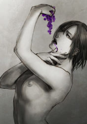 Rule 34 | 1girl, arm up, breasts, food, freckles, fruit, grapes, looking at viewer, monochrome, nipples, open mouth, shingeki no kyojin, short hair, solo, spot color, topless, ymir (shingeki no kyojin)