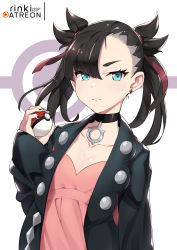 Rule 34 | 1girl, absurdres, black hair, black jacket, black nails, blue eyes, blush, breasts, cleavage, closed mouth, collarbone, commentary request, creatures (company), dress, earrings, eyebrows hidden by hair, fingernails, game freak, hair ribbon, highres, holding, holding poke ball, jacket, jewelry, light frown, lo xueming, long hair, long sleeves, marnie (pokemon), nail polish, nintendo, open clothes, open jacket, patreon username, pink dress, poke ball, poke ball (basic), pokemon, pokemon swsh, red ribbon, ribbon, sleeves past wrists, small breasts, solo, stud earrings, twintails, upper body, v-shaped eyebrows