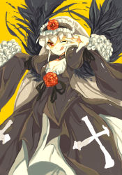 Rule 34 | 00s, breasts, choker, cleavage, cross, flower, gothic lolita, grey hair, lolita fashion, long hair, one eye closed, red eyes, rose, rozen maiden, solo, suigintou, tongue, v, wink