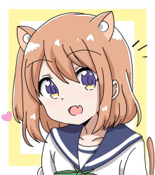 1girl animal_ears blue_sailor_collar cat_ears cat_tail chikadaioshi collarbone dot_nose fang feet_out_of_frame female_focus flesh_fang hair_between_eyes heart heart_(symbol) koisuru_asteroid konohata_mira long_sleeves looking_at_viewer multicolored_eyes open_mouth orange_hair sailor_collar school_uniform serafuku short_hair simple_background skin_fang solo source_request tail upper_body