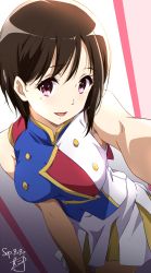 Rule 34 | 1girl, :d, bare arms, bare shoulders, blush, breasts, brown hair, cowboy shot, dated, dress, hibike! euphonium, highres, leaning forward, looking at viewer, medium breasts, mole, mole under eye, multicolored clothes, multicolored dress, nakaseko kaori, nii manabu, open mouth, outstretched arm, purple eyes, selfie, short hair, signature, sleeveless, sleeveless dress, smile, solo, swept bangs