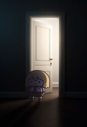 Rule 34 | 1girl, backlighting, blonde hair, brown skirt, chibi, commentary, door, doorway, full body, highres, hololive, hololive english, indoors, long sleeves, necktie, open door, phdpigeon, photo background, plaid, plaid skirt, red necktie, shadow, shirt, short hair, skirt, smile, smol ame, solo, standing, symbol-only commentary, virtual youtuber, watson amelia, white shirt