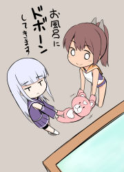 Rule 34 | 10s, 2girls, aoki hagane no arpeggio, bathtub, blue hair, brown hair, chibi, detached sleeves, dress, frown, highres, hime cut, i-401 (kancolle), iona (aoki hagane no arpeggio), kantai collection, kirishima (aoki hagane no arpeggio), long hair, multiple girls, name connection, o o, ponytail, sailor collar, sailor dress, school swimsuit, shishigami (sunagimo), short ponytail, smile, stuffed animal, stuffed toy, swimsuit, swimsuit under clothes, teddy bear, translation request, yotarou (aoki hagane no arpeggio)