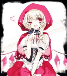 Rule 34 | 1girl, asymmetrical hair, bad id, bad twitter id, blonde hair, blush, border, bow, cierra (ra-bit), corset, cosplay, crystal, flandre scarlet, frills, heart, hood, jpeg artifacts, little red riding hood, little red riding hood (grimm), little red riding hood (grimm) (cosplay), looking at viewer, open mouth, puffy sleeves, red eyes, shirt, short sleeves, skirt, smile, solo, text background, text focus, touhou, white background, wings