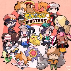 Rule 34 | 4boys, 6+girls, :d, ;d, bare arms, baseball cap, belt, bettie (pokemon), black coat, black hair, black jacket, black legwear, blonde hair, blue oak, blue shorts, blunt bangs, brock (pokemon), brown eyes, brown hair, brown pants, charizard, chibi, closed mouth, coat, commentary request, coogee, copyright name, creatures (company), crossed arms, cynthia (pokemon), dark-skinned female, dark skin, earrings, eyelashes, fur-trimmed coat, fur trim, game freak, gen 1 pokemon, gen 5 pokemon, green eyes, green pants, grey eyes, hair ornament, hair over one eye, hair rings, hair tie, hands up, hat, highres, holding, holding poke ball, jacket, jewelry, looking at viewer, misty (pokemon), multiple boys, multiple girls, nintendo, one eye closed, onix, open clothes, open coat, open mouth, orange hair, orange skirt, outstretched arms, pants, pantyhose, pidgeot, pikachu, pink hair, poke ball, poke ball (basic), pokemon, pokemon (creature), pokemon bw2, pokemon dppt, pokemon hgss, pokemon lgpe, pokemon masters ex, pokemon ranger (pokemon), punk girl (pokemon), red (pokemon), red (sygna suit) (pokemon), red coat, red eyes, red headwear, rosa (pokemon), scottie (pokemon), sharp teeth, shoes, short hair, shorts, skirt, smile, sneakers, snivy, spiked hair, starmie, swept bangs, teeth, yellow shorts