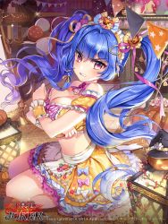 Rule 34 | 1girl, bad id, bad pixiv id, blue hair, blush, breasts, cleavage, furyou michi ~gang road~, hairband, halloween, large breasts, long hair, looking at viewer, official art, parted lips, pink eyes, seiza, sitting, skirt, teeth, twintails, yellow skirt, yeonwa