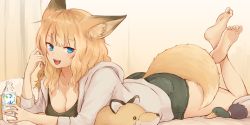 Rule 34 | 1girl, animal ear fluff, animal ears, barefoot, batta (kanzume quality), bird, black shirt, black shorts, blonde hair, blue eyes, blush, bottle, breasts, cleavage, fox ears, fox girl, fox tail, fox wife (batta (kanzume quality)), hood, hood down, hoodie, indoors, jewelry, large breasts, long hair, long sleeves, looking at viewer, lying, nib pen (medium), on stomach, open mouth, original, ring, shirt, shorts, smile, soles, solo, stuffed animal, stuffed duck, stuffed fox, stuffed toy, tail, toes, traditional media, water bottle, wedding band, white hoodie
