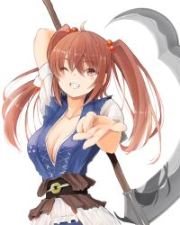 Rule 34 | 1girl, breasts, brown hair, cleavage, coin, collarbone, commentary request, hair between eyes, hair bobbles, hair ornament, holding, holding scythe, large breasts, one eye closed, onozuka komachi, red eyes, scythe, short sleeves, simple background, solo, touhou, twintails, upper body, white background, white sleeves, yamabukiiro (browncat)