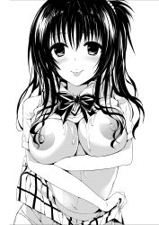 Rule 34 | 1girl, aged up, blush, breasts, breasts out, clothes lift, greyscale, highres, large areolae, large breasts, long hair, looking at viewer, monochrome, nipples, ponytail, samucha, shirt, shirt lift, short sleeves, smile, solo, to love-ru, to love-ru darkness, tongue, tongue out, yuuki mikan
