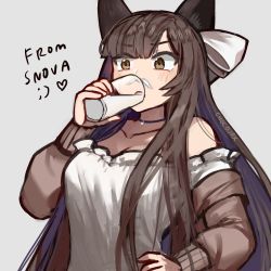 Rule 34 | 1girl, animal ears, artist name, atelier live, bad id, bad twitter id, breasts, brown eyes, brown hair, chai (yueko (jiayue wu)), chocojax, cleavage, commentary, drinking, english commentary, fox ears, fox girl, hand on own hip, highres, holding up, leaning back, long hair, looking down, medium breasts, milk, milk mustache, second-party source, solo, virtual youtuber