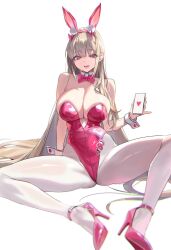 Rule 34 | 1girl, animal ears, arm support, bare shoulders, blonde hair, blurry, breasts, cleavage, commentary, depth of field, fake animal ears, goddess of victory: nikke, hashtag-only commentary, high heels, highleg, highleg leotard, highres, holding, holding phone, horns, large breasts, leotard, long hair, looking at viewer, official alternate costume, open mouth, pantyhose, patent heels, phone, pink eyes, pink footwear, pink horns, pink leotard, pinkmill, pinky out, playboy bunny, pumps, rabbit ears, shoes, smile, solo, spread legs, stiletto heels, strapless, strapless leotard, very long hair, viper (nikke), viper (toxic rabbit) (nikke), white pantyhose, white wrist cuffs, wrist cuffs