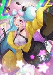 Rule 34 | 1girl, aqua hair, arm up, armpits, asymmetrical legwear, bare shoulders, black jacket, bow-shaped hair, breasts, character hair ornament, creatures (company), game freak, gen 1 pokemon, grey shirt, hair ornament, iono (pokemon), jacket, large breasts, long sleeves, looking at viewer, magnemite, mismatched legwear, multicolored clothes, multicolored hair, multicolored jacket, nintendo, open mouth, oversized clothes, pink hair, pokemon, pokemon (creature), pokemon sv, purple eyes, sharp teeth, shirt, sleeveless, sleeveless shirt, sleeves past fingers, sleeves past wrists, smile, solo, split-color hair, star (symbol), take tw01, teeth, thigh strap, tongue, two-tone hair, two-tone jacket, very long sleeves, wide sleeves, x, yellow jacket